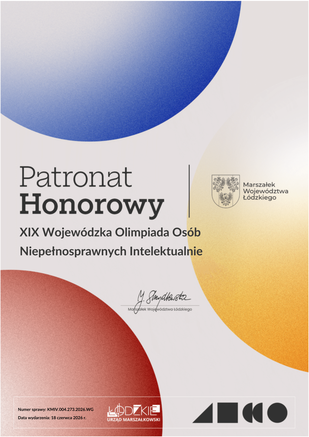 Informacja o patronacie honorowym nad Wojewódzką Olimpiadą Osób Niepełnosprawnych Intelektualnie.